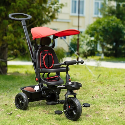 Qaba Baby Tricycle 4 In 1 Stroller featuring a red canopy, adjustable seat, and sturdy wheels on grass.