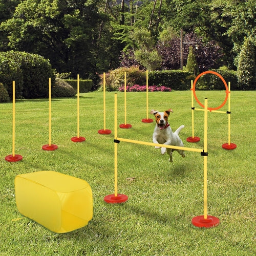 PawHut Outdoor 4 PCs Dog Pet Agility Training Equipment with hurdles, weave poles, and a tunnel in a grassy backyard.