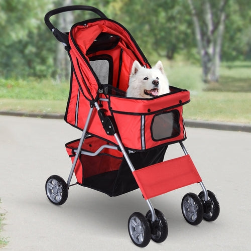 PawHut 4 Wheel Dog Pet Stroller in red with a folding sunshade canopy, featuring a dog inside and a storage basket below.