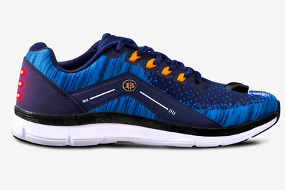 Men's Night Runner Shoes featuring a blue and black design with built-in safety lights on the heel for visibility.