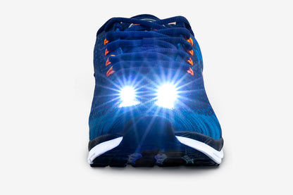 Men's Night Runner Shoes featuring built-in safety lights, showcasing a blue design with bright LED lights at the front.
