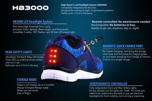 Men's Night Runner Shoes featuring built-in safety lights, LED headlight system, and rear safety lights for visibility.