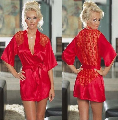 Women Sexy Erotic Lingerie Plus Size Langerie Kimono Dress Satin Black - fentonshop